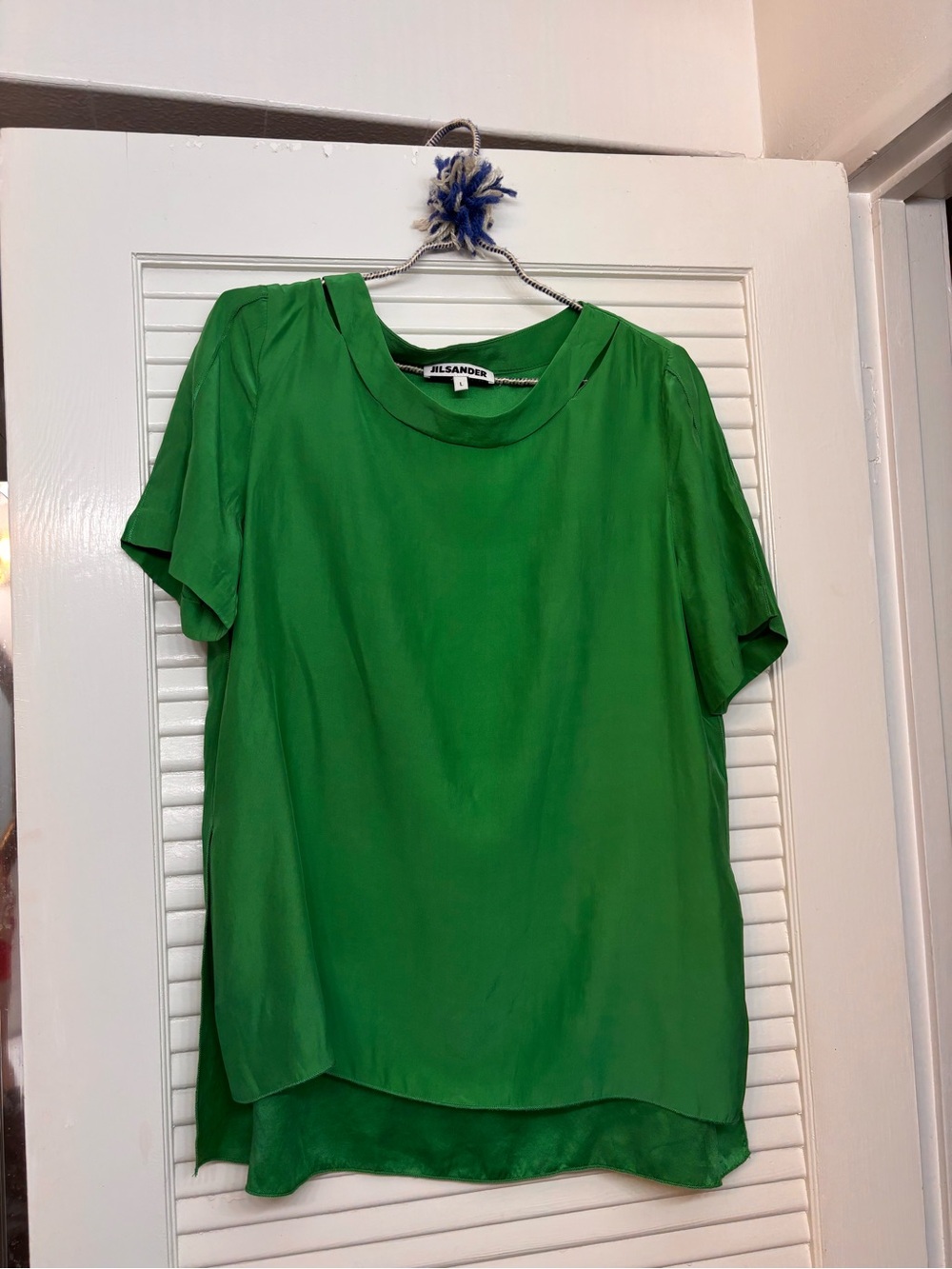 Jil Sander Emerald Green Short Sleeve Silk Blouse Top size L